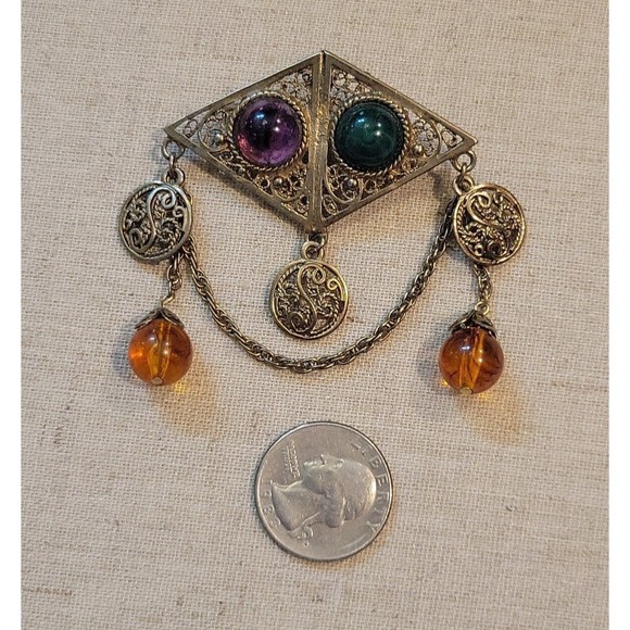 VTG Retro Ornate Filigree Jewel tone Beaded Dangles Antiqued Gold Brooch Pin - Picture 2 of 6